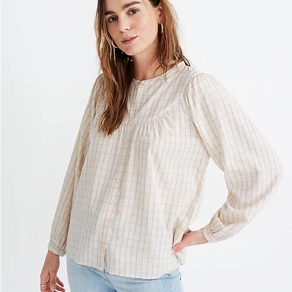 Madewell Balloon Sleeve Peasant Top in Cream and Tan, XXS - Picture 2 of 9